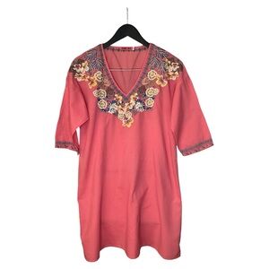 Johnny Was Coral Dress With Blue Multi Color Embroidery Flowers Size Small